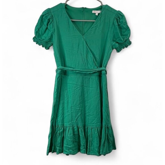 GB Girls Other - Girls Green Puff Sleeve Wrap Dress With Ruffled Hem & Belt by GB Girls